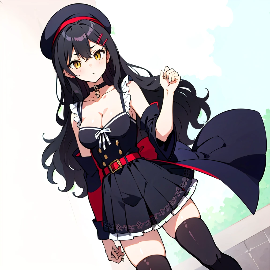 (masterpiece:1.2), (high quality:1.2), girls with((1girl, solo, black hair, yellow eyes, (wavy long hair, millitary beret, hairclips:1.3), blush, breasts, choker, cleavage, coat, cowboy shot, blue lace dress, camisole, ribbon waist belt, black ribbon belt, red bow, red ribbon, neck ribbon, collar, collarbone, rosary, rosary choker, cross, medium breasts, sleeveless, cleavage, thighhighs, single thighhigh, zettai ryouiki, solo, legs, high heels