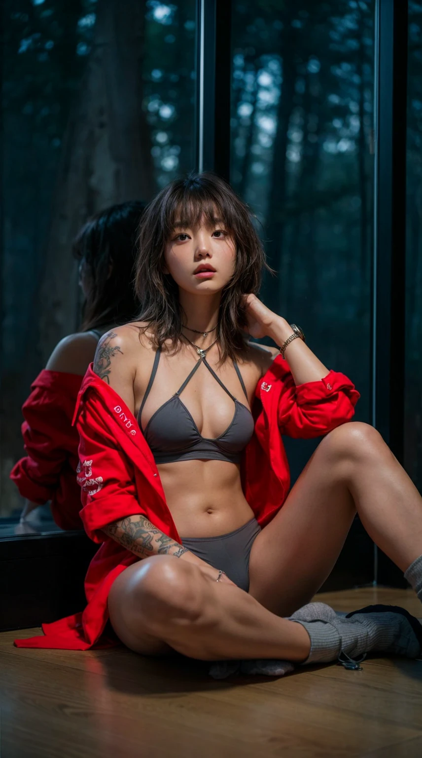 A young korean woman with medium messy wavy brown hair and a serious expression sits on the floor indoors, leaning against a large window, the forest outside. She is wearing a bright red shirt crop with text, left open show her bare big bust wearing gray thin strapped bra halter neck, also wearing gray thin strapped gstring. She has tattoos cover on her left arm and is accessorized with a watch, a bracelet, and a necklace, grey socks. The lighting is dim, creating a moody and intimate atmosphere. Her pose, with one hand touching her neck and the other resting on her knee, adds a sense of casual yet intense focus.
