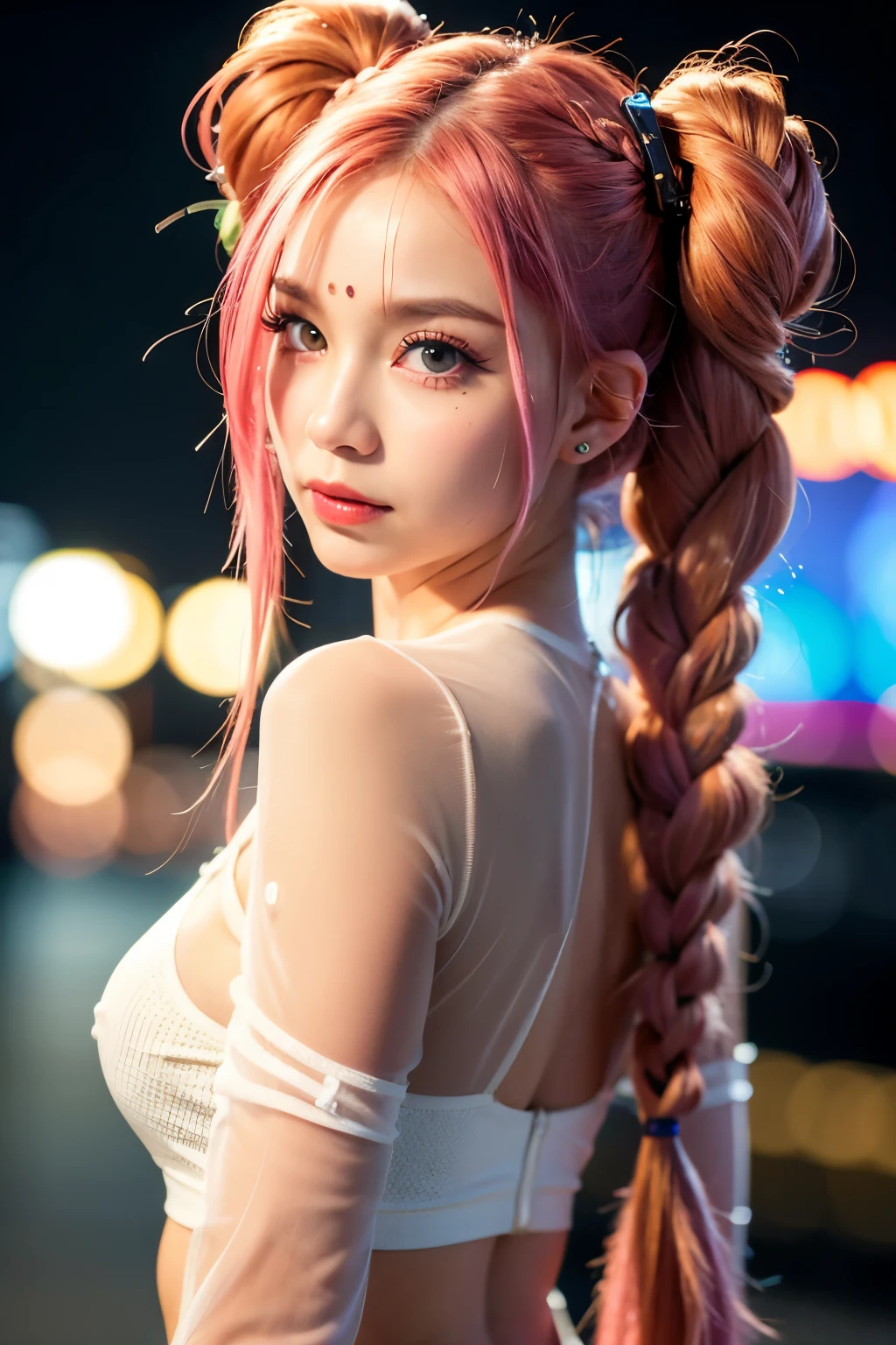 Optimal，masterpiece，High resolution，Highest quality，Hyper HD，Very detailed，Award-winning，16K，alone，（Upper Body），Correct Anatomy，Beautiful Cyberpunk Girl，Cowboy Shot、Cute Face，，Pink Hair、Long Hair、Twin tails、Braiding, Hairline，（（Scarlet Eyes）），Long eyelashes，Drooping eye corners，White skin，Shoot from the side, ((See-through camisole:1.5)), 、rocket , （Because I&#39;thin），