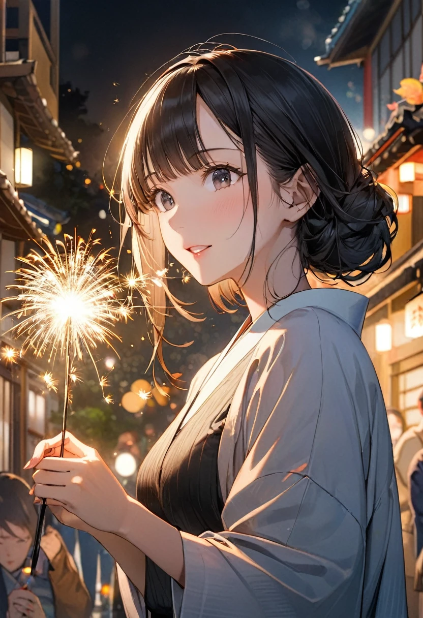 A woman enjoying japanese sparkler,The sparklers are held downward.