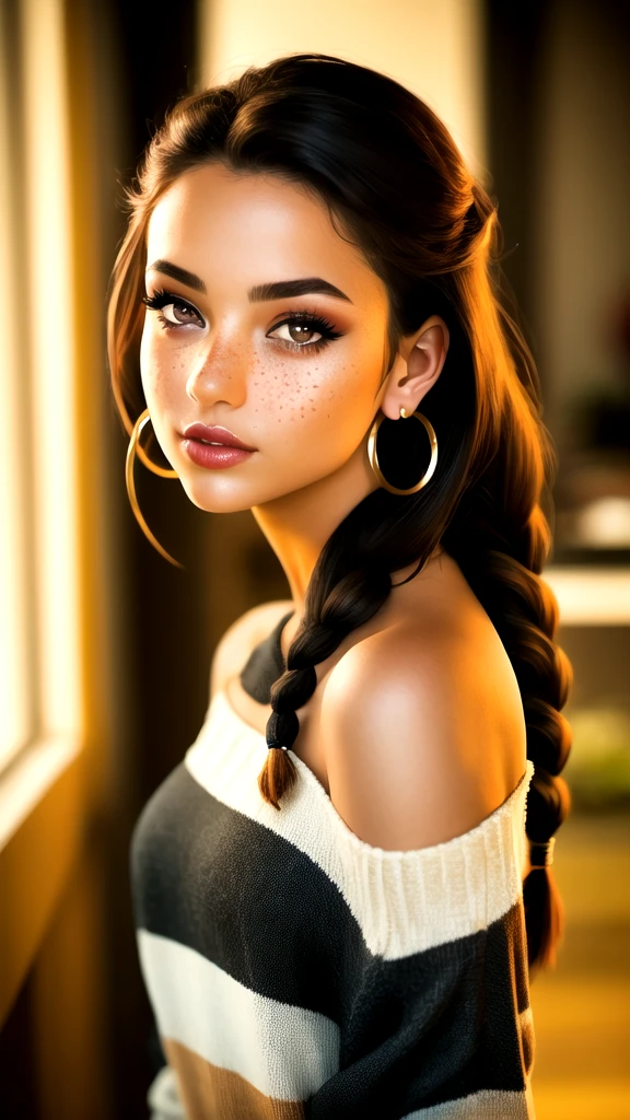 masterpiece,best quality, realistic illustration, style of Philip Lorca diCorcia, girl aged 18yo, 1girl, solo, black long hair, large braid, olive eyes, light freckles, toned body, large bust size, dark skin, dark makeup, wearing an off the shoulder sweater, hoop earrings, perfect lips, posing for the camera, pretty face, vignette, realistic features, highly detailed body, high budget, bokeh, cinemascope, moody, epic, gorgeous, whole body photo, film grain, grainy