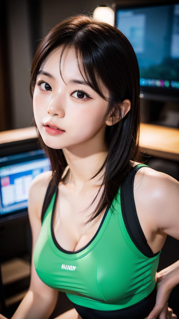Training scene in a well-equipped gym、Exposed nipples、Exposed underwear、traning、gym、Training scene in a well-equipped gym、Photorealistic images of solo idols, Morning Musume inspired by Eri Kamei, Radiates charm and beauty with plenty of bust and subtle exposure of cleavage. The image is、Must reflect a real person of the highest quality, Powered by Ultra-HD (16 K) resolution, crisp detail, Vivid colors, Dynamic Range, Soft bokeh, Fine texture, Realistic realism, Pin Sharp Focus. Lighting is、Face that is、In the glow of city lights、It's the soft glow of a computer screen. The camera setup is、Nikon D850 and NIKKOR Z 58mm     F。/0.95 S Noct lens,  The setting must be ISO , F/0.95, Shutter speed is 1/60. --ar 16:9 - V5.1 --Style raw --Q 2 --S 750