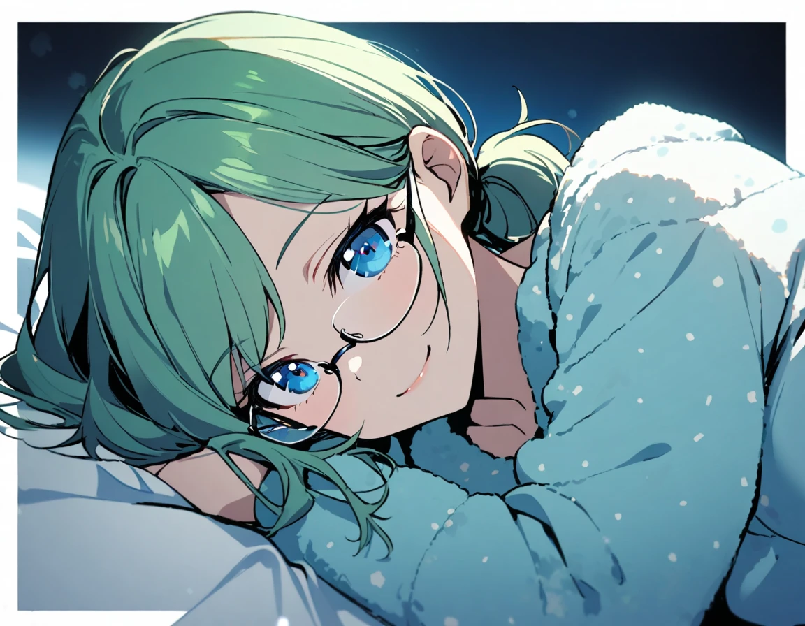 1girl,green hair,short ponytail,rimless eyewear,blue eyes,large breasts,smile,upper body,Loungewear,lying on bed,laying on one side,side view,looking at viewer,upper body,midnight,blue theme