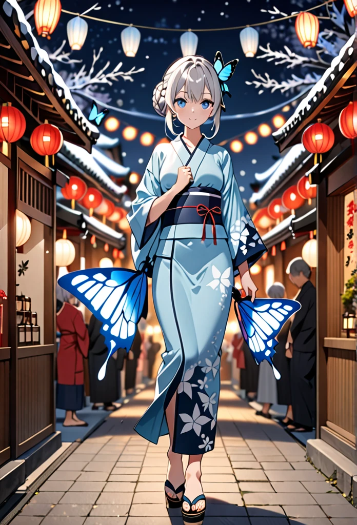 High resolution, masterpiece, accurate, Anatomically correct, Winner of numerous awards, Highest quality, High-resolution model, 
One girl, solo, 
Silver Hair，Braided bun hair, 
Ice Blue Eyes, Butterfly hair accessory, slender yukata, geta, Festive night background full body