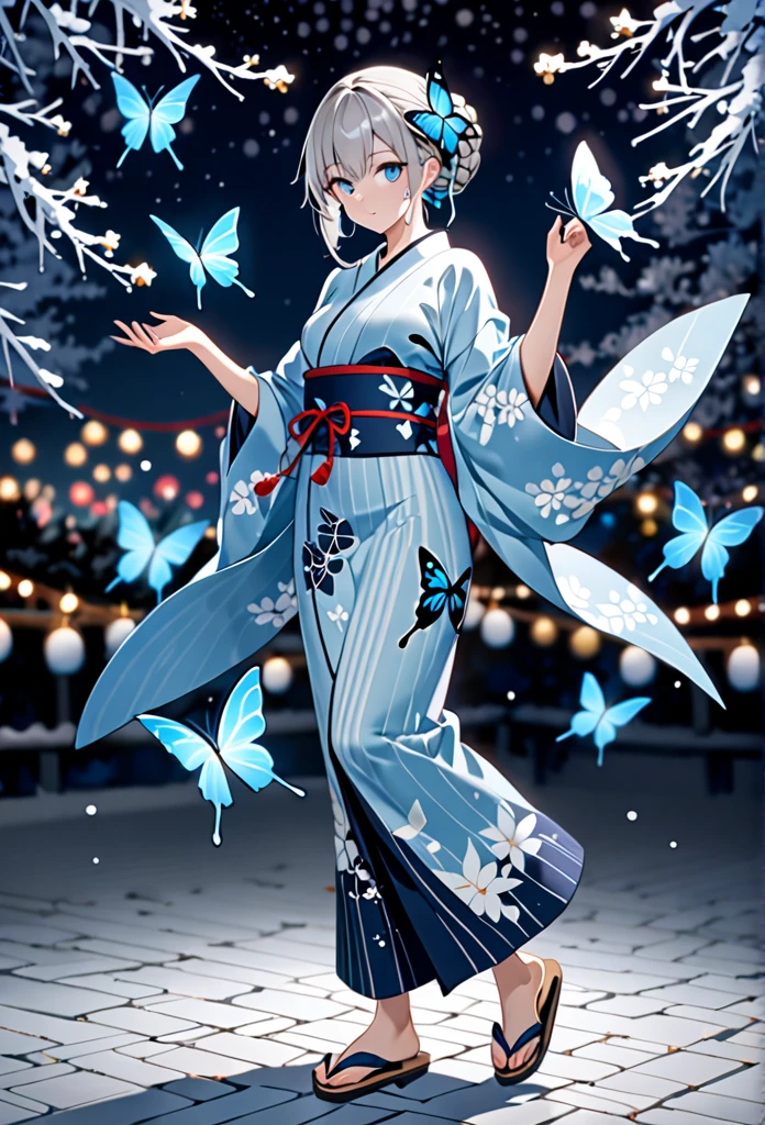 High resolution, masterpiece, accurate, Anatomically correct, Winner of numerous awards, Highest quality, High-resolution model,
One girl, solo,
Silver Hair,Braided bun hair,
Ice Blue Eyes, Butterfly hair accessory, slender yukata, geta, Festive night background full body