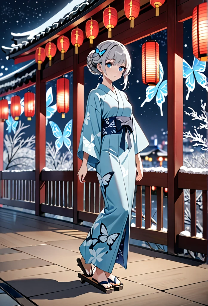 High resolution, masterpiece, accurate, Anatomically correct, Winner of numerous awards, Highest quality, High-resolution model,
One girl, solo,
Silver Hair,Braided bun hair,
Ice Blue Eyes, Butterfly hair accessory, slender yukata, geta, Festive night background full body