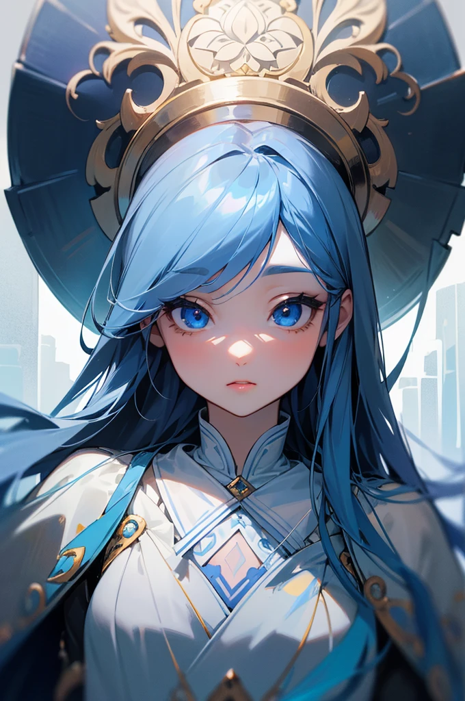 Beautiful young girl with long azure hair、Small and cute girl、She was carrying a big travel bag that was bigger than her body.、With a bag in hand、Deep blue eyes、whole bodyショット、Looking coldly at the camera、Clean and calm pose、(Best Quality、4K、8k、highreasterpiece:1.2)、Exquisite details、Delicate facial features、Beautiful detailed eyes、Beautiful detailed lips、Highly detailed eyes and face、Long eyelashes、Intricate clothing details、Soft lighting、A calming color palette、atmosphere、whole body