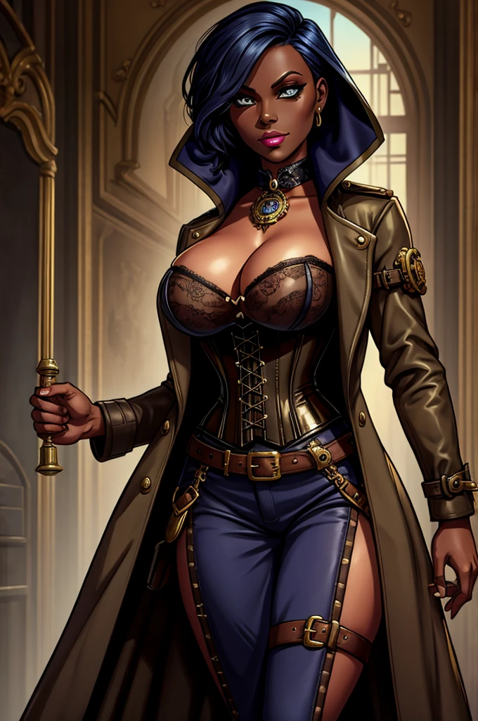 Butch Henchwoman, drow,brass,coat,steampunk,corset,straps