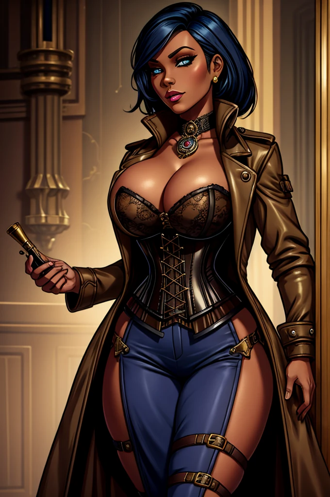 Butch Henchwoman, drow,brass,coat,steampunk,corset,straps
