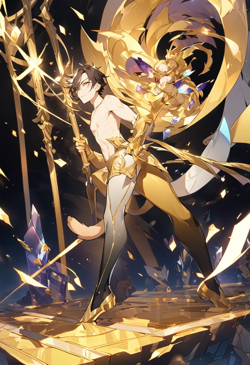 Little male cat，Boys，Has a tail，Lovely，Thin，struggle，eternal，gold，gold化，crystal，gold粘液，脚变成gold，手变成gold，gold蔓延脚，gold脚，gold手，illumination，gold人，gold化，脚被变成gold，charming，Boys们 ，gold脚，Wear tights，plastic，Full body portrait，smooth的，full-body tights，Thin，gold凝胶涂层，gold手臂，gold小腿，gold躯干，全身gold，gold小男孩，struggle，smooth，No clothes，nude