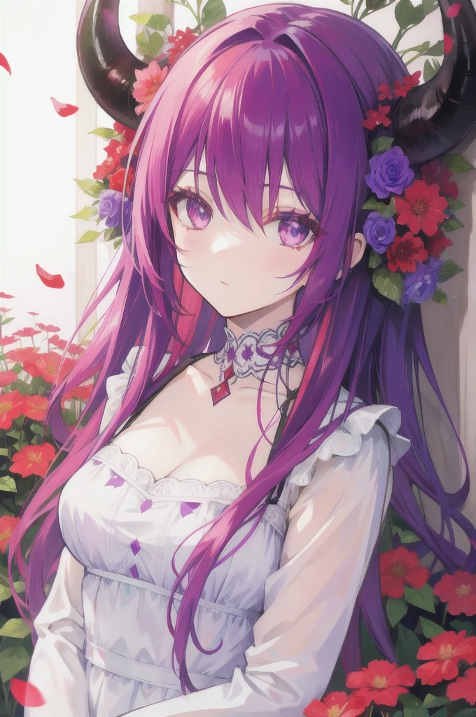 Inside the flower garden, Yes  , her hair is purple-red, Her eyes are red, she has horns, she&#39;s a jealous demon, she is the sin of envy, and her body is full of human blood, she sits around the flower of death