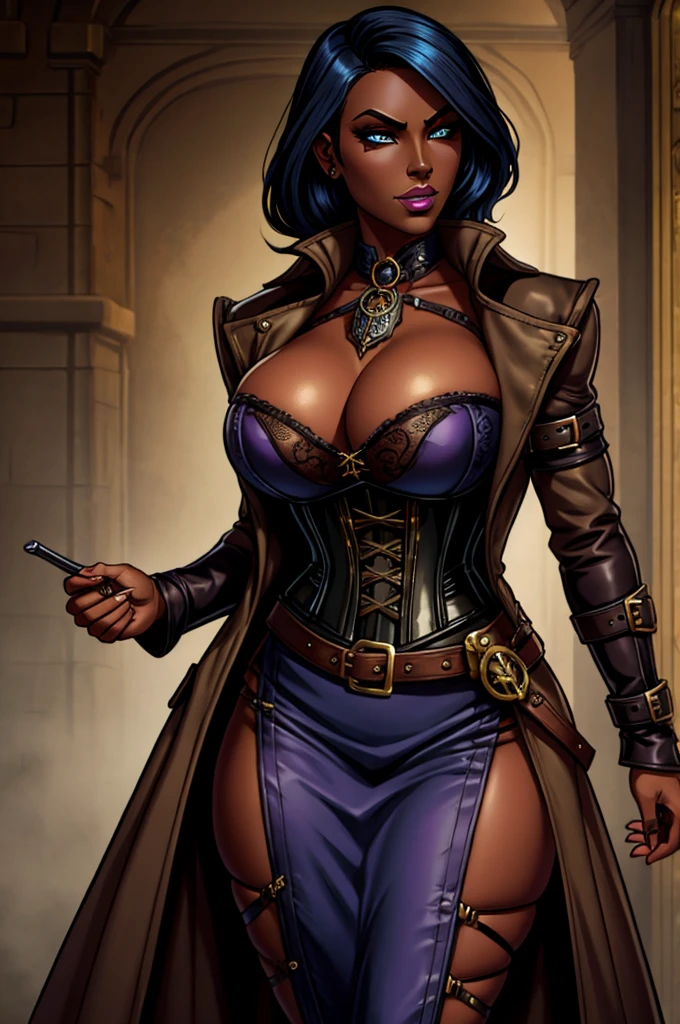Butch Henchwoman, dark elf, drow,brass,coat,steampunk,corset,straps