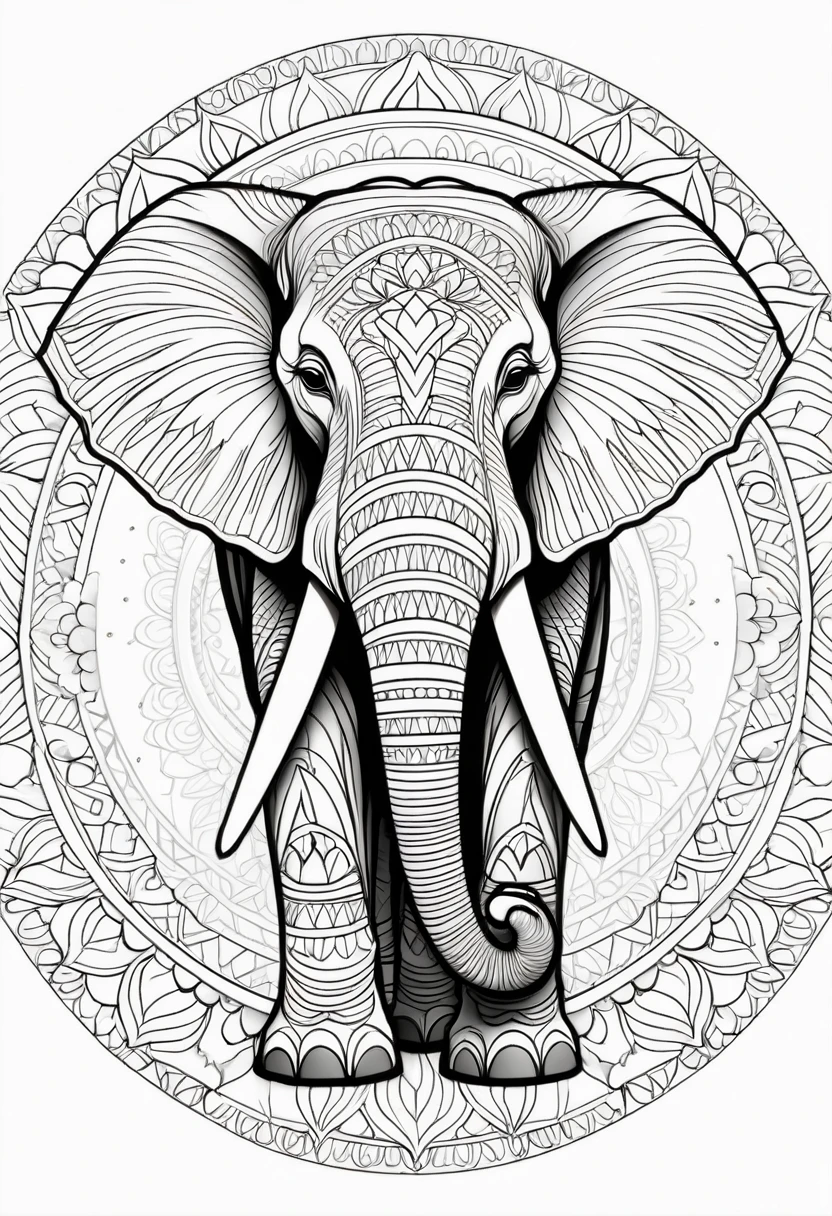 A striking black and white line art coloring page designed for adults with white background, featuring a majestic African Elephant in a mandala-inspired style. The African Elephant is adorned with intricate patterns that include floral and geometric designs, making it an engaging and detailed work of art. The illustration focuses on crisp, clean lines and bold outlines, without any shading or color, allowing the user to bring their own vibrancy to the piece. The minimalistic design, with its thick lines and absence of background details, creates a soothing coloring experience for adults seeking calming and creative activities. illustration