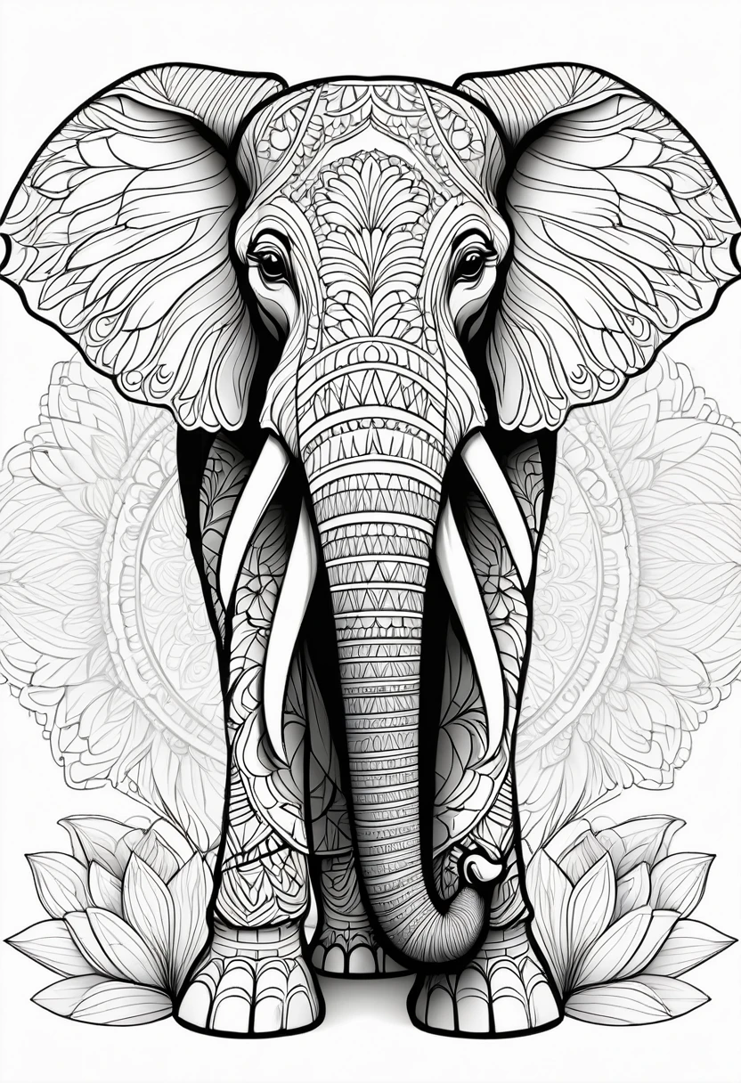 A striking black and white line art coloring page designed for adults with white background, featuring a majestic African Elephant in a mandala-inspired style. The African Elephant is adorned with intricate patterns that include floral and geometric designs, making it an engaging and detailed work of art. The illustration focuses on crisp, clean lines and bold outlines, without any shading or color, allowing the user to bring their own vibrancy to the piece. The minimalistic design, with its thick lines and absence of background details, creates a soothing coloring experience for adults seeking calming and creative activities. illustration