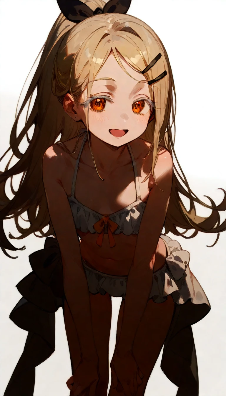 Highest quality, masterpiece, No correction, Beark,shinosawa hiro,thin,Orange eyes,White eyelashes,Blonde,Long Hair,Hair Clip,flat chest,white background,frilled bikini,white bikini,ponytail,smile,leaning forward,open mouth,