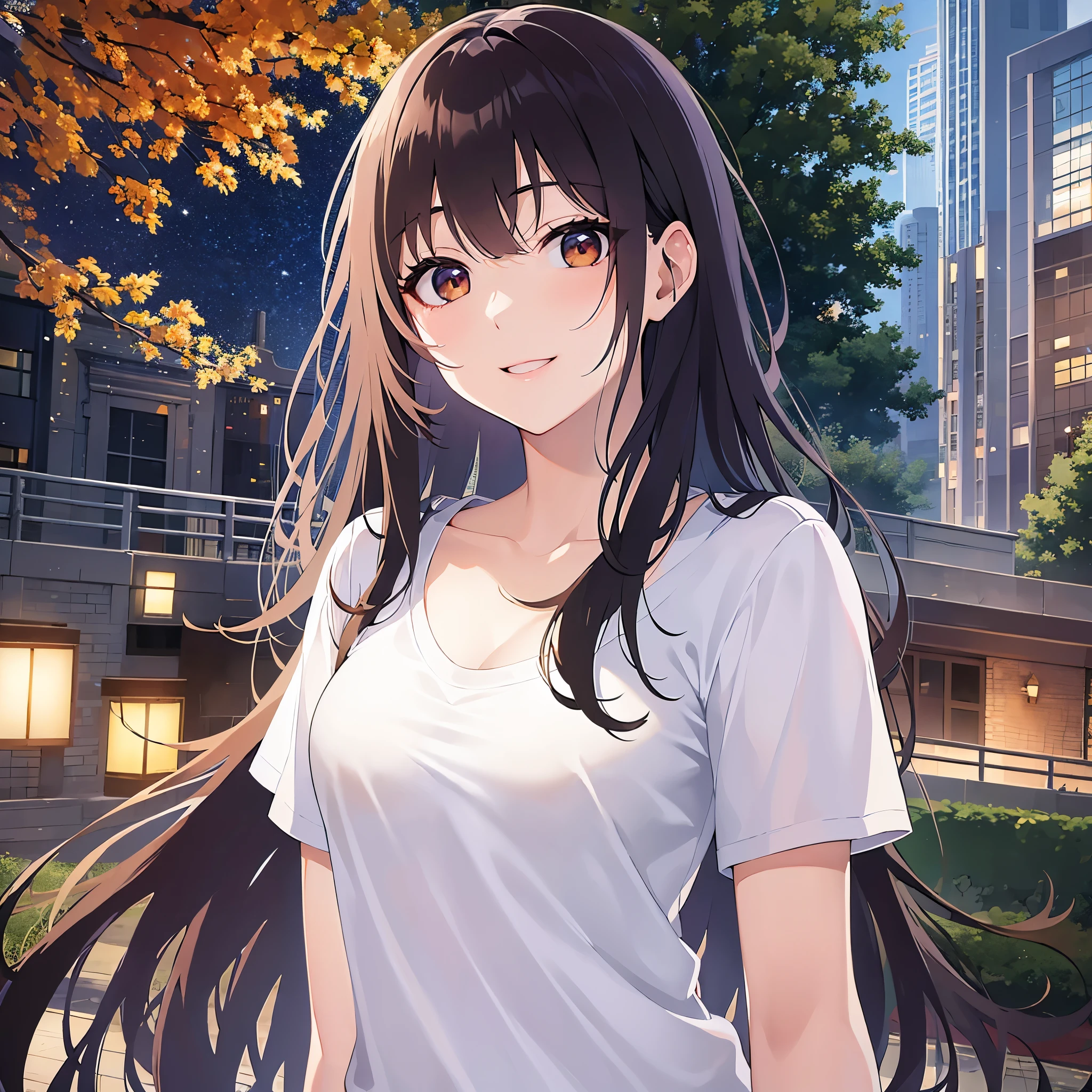 (looking at viewer:1.5),upper body,head tilt, Realistic, real person, (pale skin: 1.2), RAW photo, photorealistic, shiny skin, shiny hair、 (A 25-year-old woman with medium-length hair and bangs) and (wavy hair) and (brown hair) and (orange eyes)、(white) and (T-shirt:1.5) and (V neck) 、Cleavage、 (smile:1.5),Midnight in the Park、Night Sky、(alone:1.5)