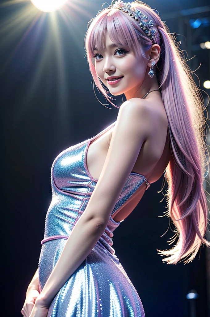 (Highest quality, Very detailed, Realistic:1.37), Silver-haired woman, Browsing Caution, (A diva stands on stage and is about to sing.), (Large Breasts:1.0), Amazing blue eyes, (Big smile), Soft lighting, shape, bangs, Flowing Hair, Wind, (Shiny pink Hair:1.2), Gradient Hair, Folded straight ponytail, blue halo, Glowing Eyes, Big eyes, colorful stage dress:1.2, Sparkling Romance, Dynamic posing for the audience:1.2 , Anime Style, shadowing, Backlight, macro photo, close, First Person View, Hyper HD, Attention to detail, Highest quality, (Large castle fountain park outdoors in the background )