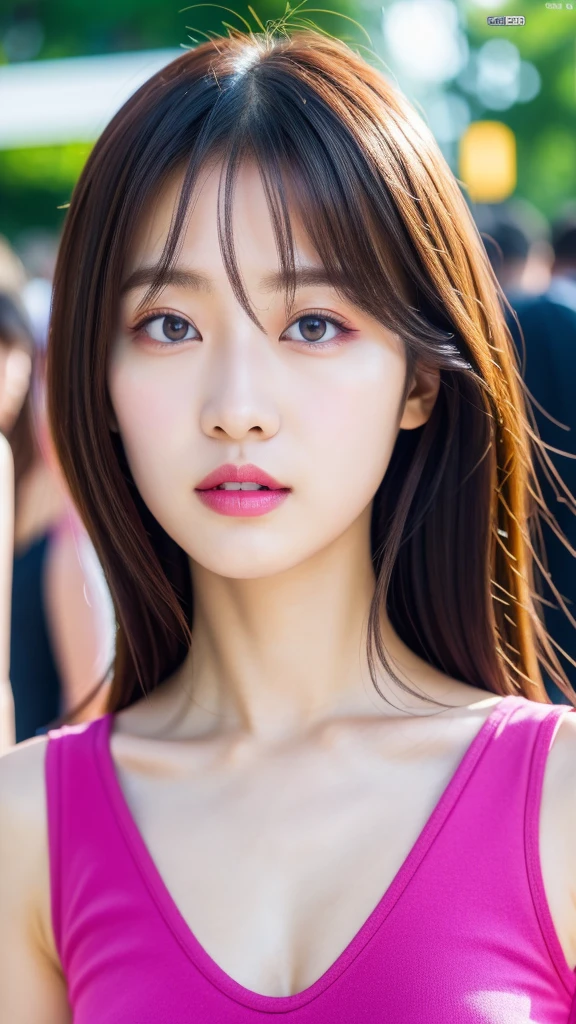 (best quality, 8k, 32k, masterpiece, UHD:1.2), ultra high resolution, (pretty a Korean early teen girl), 13 years old, portrait, beautiful detailed eyes, dark make-up, semi long brown hair, bangs, (wearing magenta tank-top), big breasts, cleavage, crowded city boulevard on a bright sunny day, (detailed background:1.5)