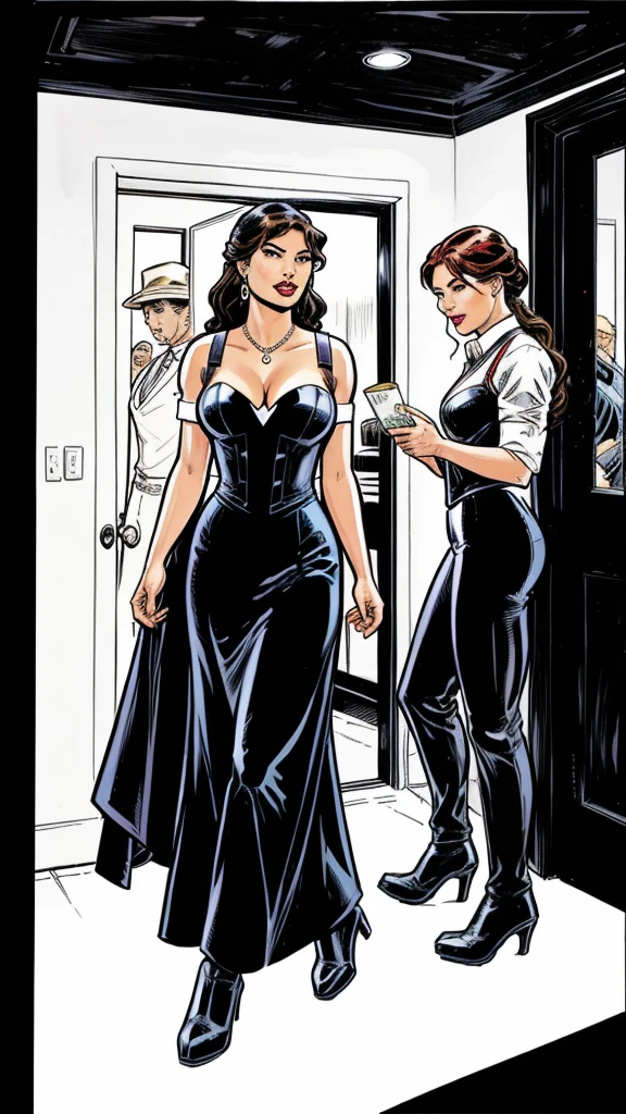 hostess, woman greeting guest, formal wear, workers greet guests, Marvel Comics Style, comics, White background