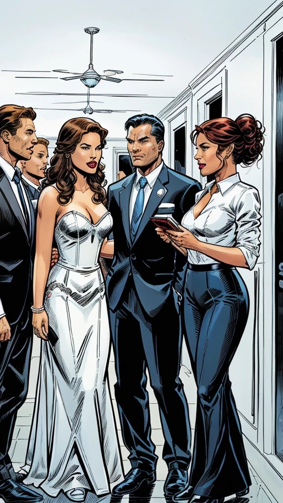 hostess, woman greeting guest, formal wear, workers greet guests, Marvel Comics Style, comics, White background