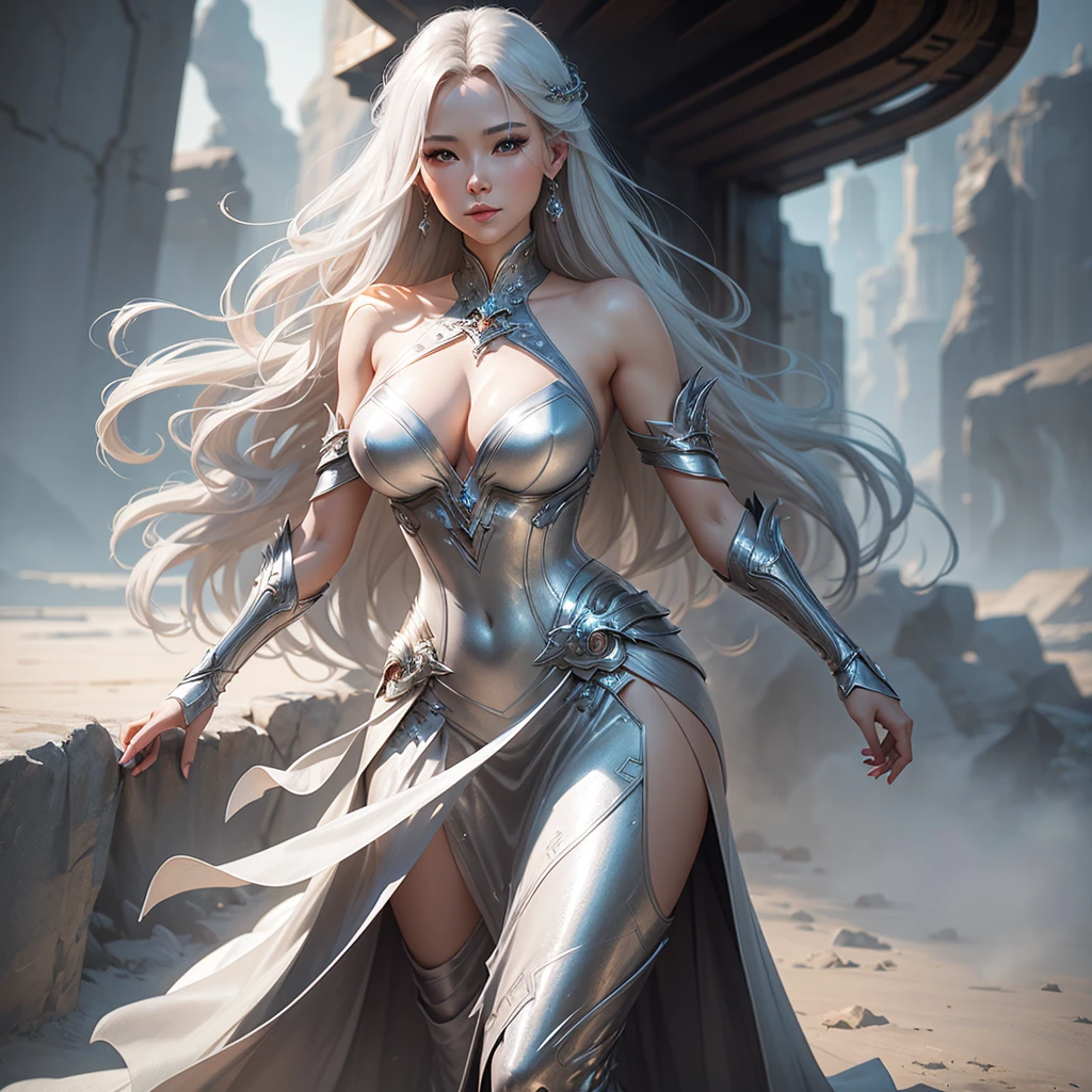 Close-up of a woman in a silver dress and flowing skirt., Concept art by Yang J, Artstation contest winner, fantasy art, Carole Bak's style, gracefully belly dance pose, Carol is behind, uh.., belly dance, wlop art, art of wlop, As seen in artgerm, A very detailed RTM pathogen.