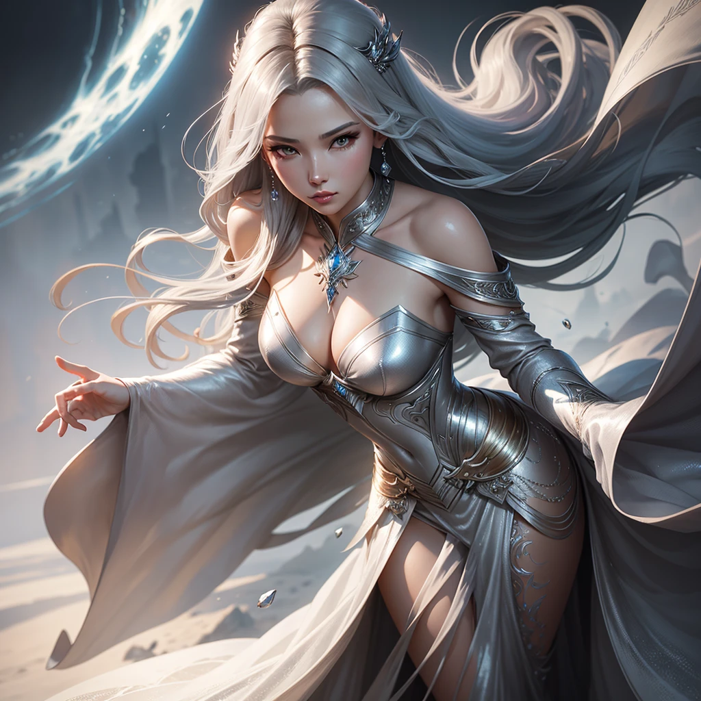 Close-up of a woman in a silver dress and flowing skirt., Concept art by Yang J, Artstation contest winner, fantasy art, Carole Bak&#39;s style, gracefully belly dance pose, Carol is behind, uh.., belly dance, wlop art, art of wlop, As seen in artgerm, A very detailed RTM pathogen.