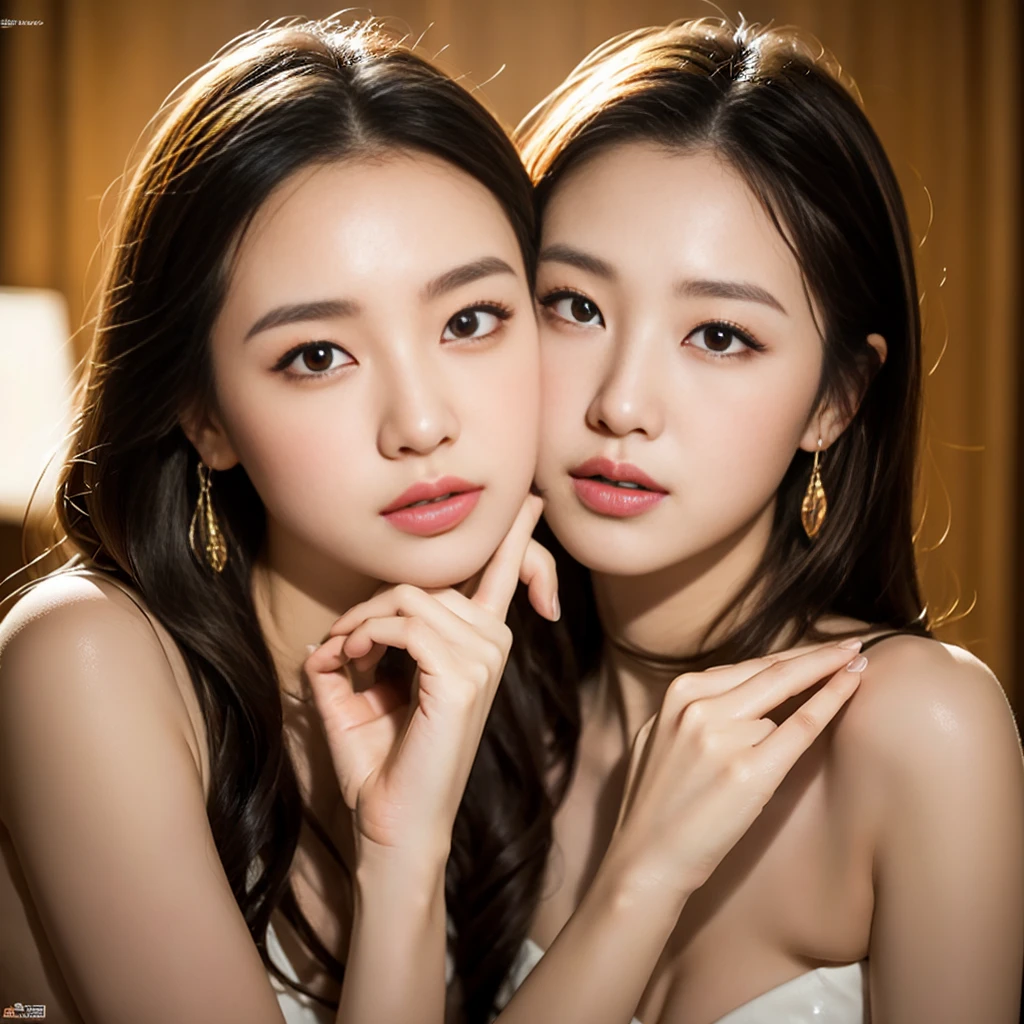((Highest quality, 8k, Tabletop:1.3, 2 girls, beautiful girl)), cute, dynamism, Detailed face, Detailed skin, Detailed eyes, Detailed lips, Detailed fingers, Mouth details, Detailed teeth, Detailed tongue, Round eyes, Tear bags, Realistic, RAW Photos, Natural light, Perfect Anatomy, High resolution, ((White liquid on a naked body:1.3, Partially transparent)), Gold color background, chest, twin color hair, Sitting