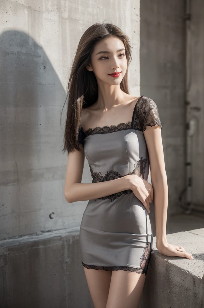 (((best quality))),(((ultra detailed))),(((masterpiece))),illustration,((1 beautiful girl,solo)),((slim,thin)),((small breasts,flat chest)),(shoulder length straight hair:1.2),summer afternoon,((unfinished concrete room,alluring,gray walls)),(short sleeves:1.2),(black lace dress:1.3),(slender legs:1.2),(seductive,elegant,full bosom,fair skin,golden strands,delicate features,deep brown eyes,mischief,mystery,enchanting smile,vibrant red lips,serene beauty,self-assuredness,industrial ambiance,raw cement walls,exposed pipes,sexuality,allure,refined beauty,compelling visual narrative,seductive gaze,elegant posture,industrial backdrop,lasting impression,((standing,from front,upper body))