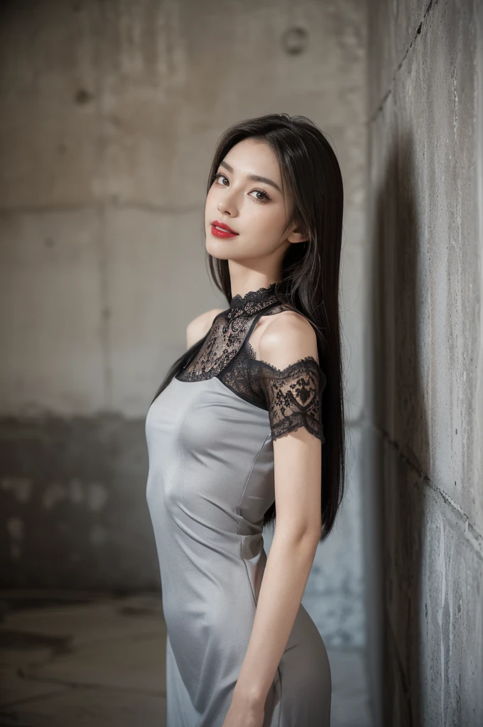 (((best quality))),(((ultra detailed))),(((masterpiece))),illustration,((1 beautiful girl,solo)),((slim,thin)),((small breasts,flat chest)),(shoulder length straight hair:1.2),summer afternoon,((unfinished concrete room,alluring,gray walls)),(short sleeves:1.2),(black lace dress:1.3),(slender legs:1.2),(seductive,elegant,full bosom,fair skin,golden strands,delicate features,deep brown eyes,mischief,mystery,enchanting smile,vibrant red lips,serene beauty,self-assuredness,industrial ambiance,raw cement walls,exposed pipes,sexuality,allure,refined beauty,compelling visual narrative,seductive gaze,elegant posture,industrial backdrop,lasting impression,((standing,from front,upper body))