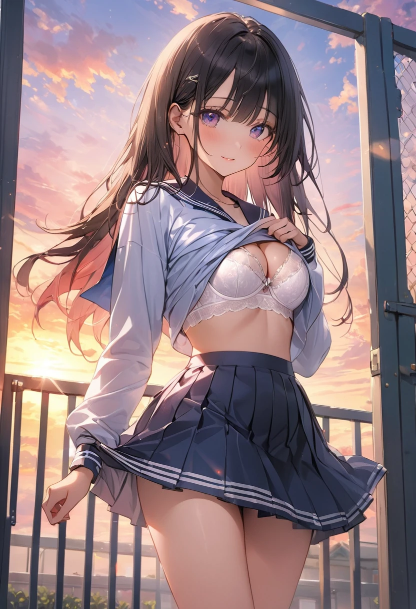 ((Highest quality))、((masterpiece))、(detailed)、((Anatomically correct))、(High resolution、8K)、One Woman、aldult、adult、look at me、cowboy shot、Angle from the front、(Ultra-glossy skin with attention to detail:1.1)、Glowing Skin、bangs、Long Hair、Straight Hair、Black Hair、Hair fluttering in the wind、(Beautiful Eyes:1.1)、Slender、(Cross your legs:1.1)、Sailor suit、The skirt is knee-length、(shirt lift:1.5)、(White wire bra)、Cleavage、School、school gate、evening、(Beautiful sunset:1.1)、