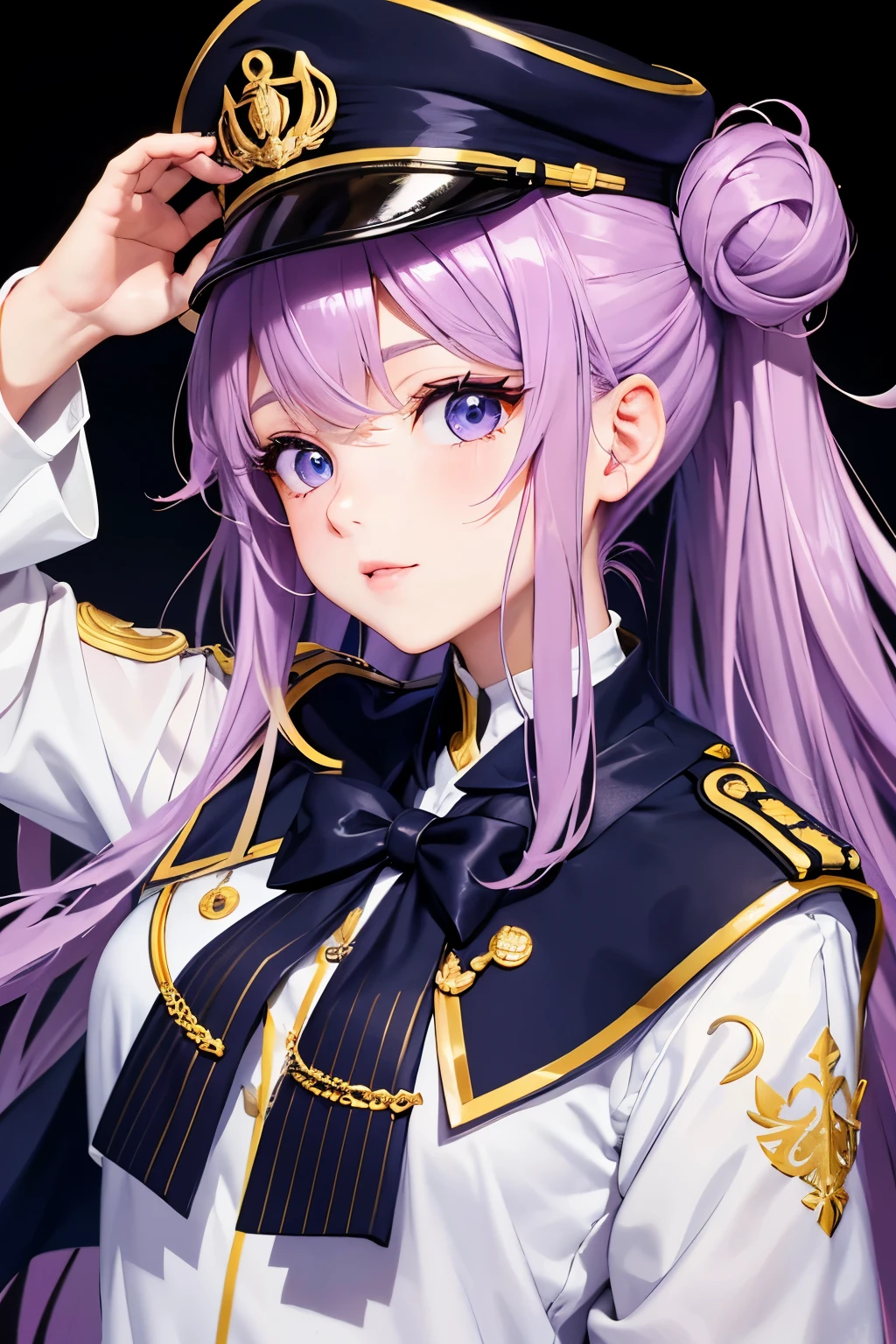A cute anime girl with brown twin-tailed buns is wearing an elegant navy uniform and is saluting the viewer with one hand in a Genshin style. On her head she has a cool military cap. The background of the illustration is on a ship with a harbor view all around. Her eyes are pink and she has a purple cape over her outfit. There is also a Dior-style gold decoration around the collar.