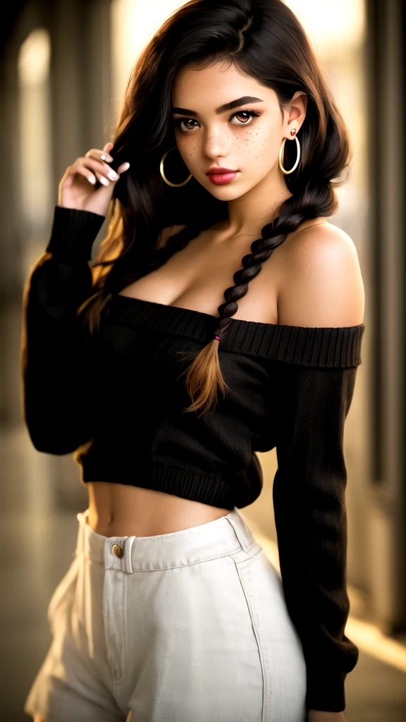 masterpiece,best quality, realistic illustration, style of Philip Lorca diCorcia, girl aged 18yo, 1girl, solo, black long hair, large braid, olive eyes, light freckles, toned body, large bust size, dark skin, dark makeup, wearing an off the shoulder sweater, cropped, hoop earrings, perfect lips, posing for the camera, pretty face, vignette, realistic features, highly detailed body, high budget, bokeh, cinemascope, moody, epic, gorgeous, whole body photo, film grain, grainy