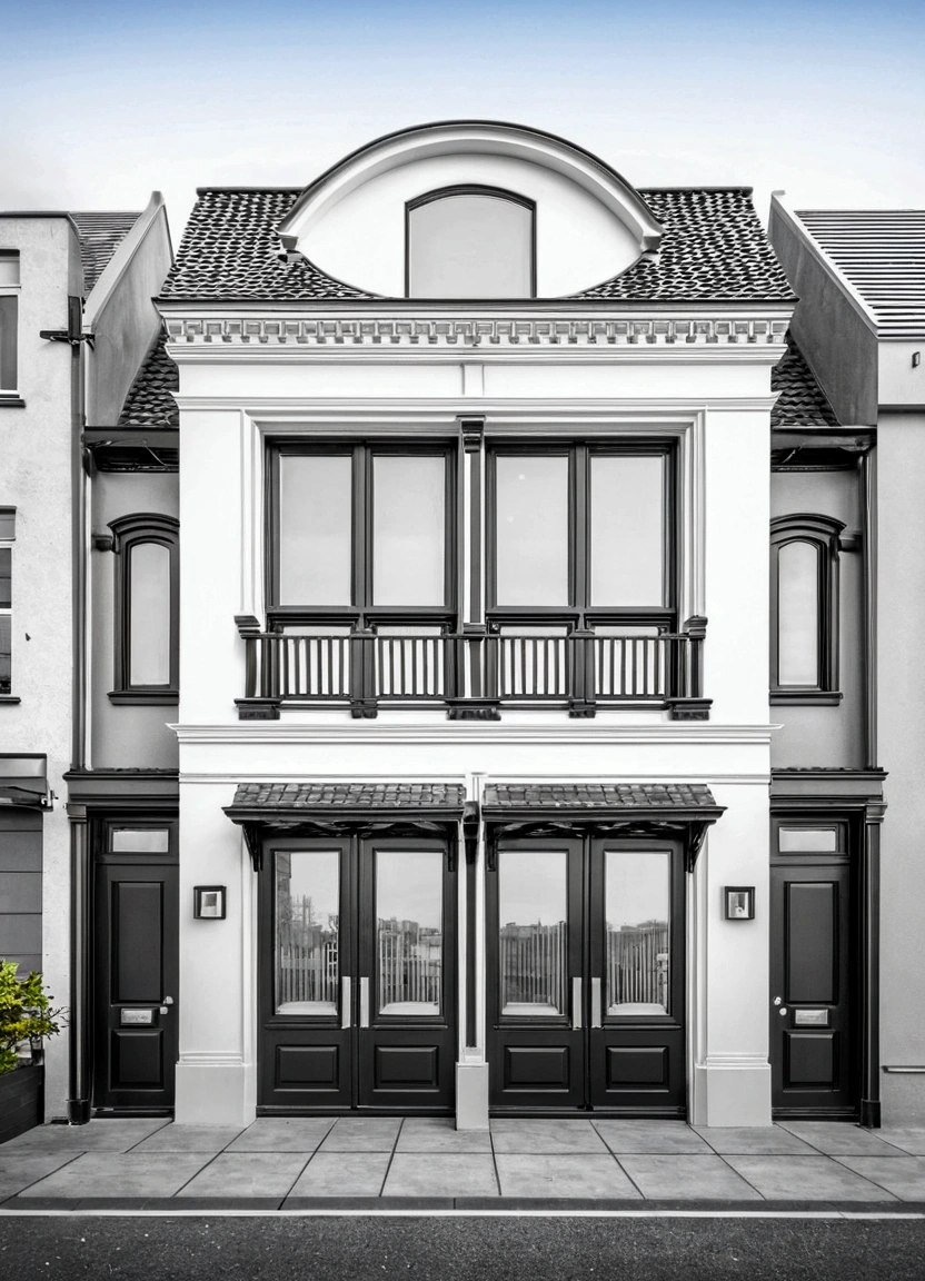 morden towhouse on street, streetcapes, urban city, white tone, glass window, black frame door, solf interior lighting, daylight, vivid color