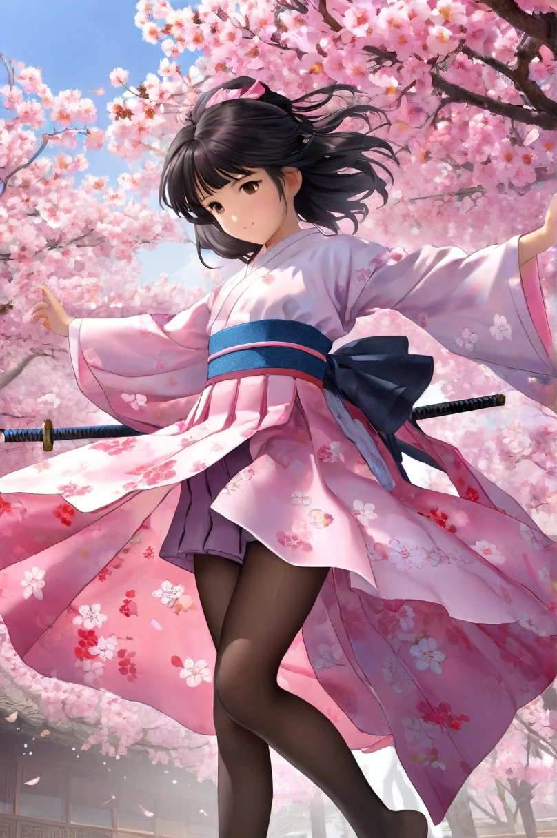 10 year old girl underwear, Sakura Shinguji、Realistic bloomers made from patterned cotton fabric, Japanese clothing and hakama, Fabric Realism, Low - Angle, I see bloomers, Pull up the dress by hand, Strong winds, Translucent slip, Translucent slip, tights, Highest quality,  whole body、Black Hair、Holding a sword