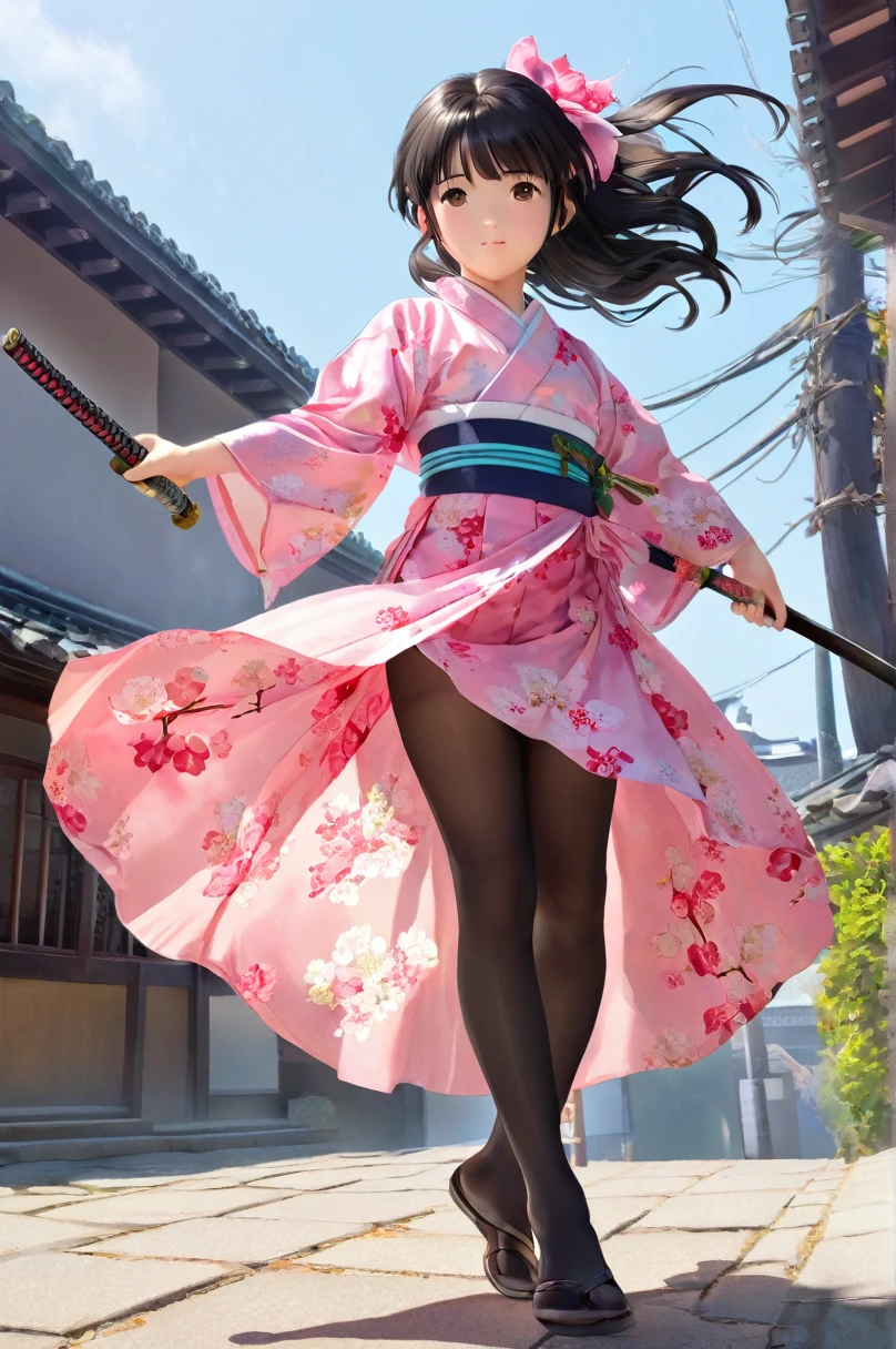 10 year old girl underwear, Sakura Shinguji、Realistic bloomers made from patterned cotton fabric, Japanese clothing and hakama, Fabric Realism, Low - Angle, I see bloomers, Pull up the dress by hand, Strong winds, Translucent slip, Translucent slip, tights, Highest quality, whole body、Black Hair、Holding a sword