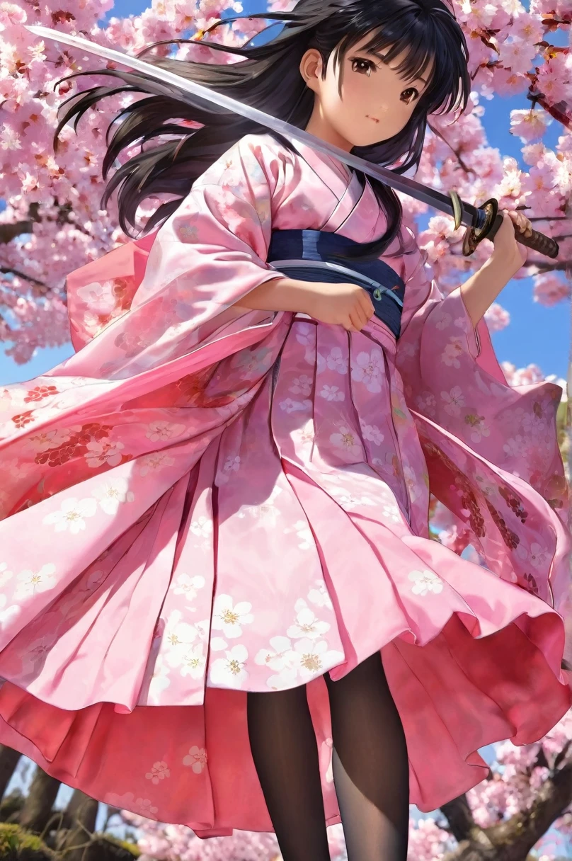 10 year old girl underwear, Sakura Shinguji、Realistic bloomers made from patterned cotton fabric, Japanese clothing and hakama, Fabric Realism, Low - Angle, I see bloomers, Pull up the dress by hand, Strong winds, Translucent slip, Translucent slip, tights, Highest quality, whole body、Black Hair、Holding a sword