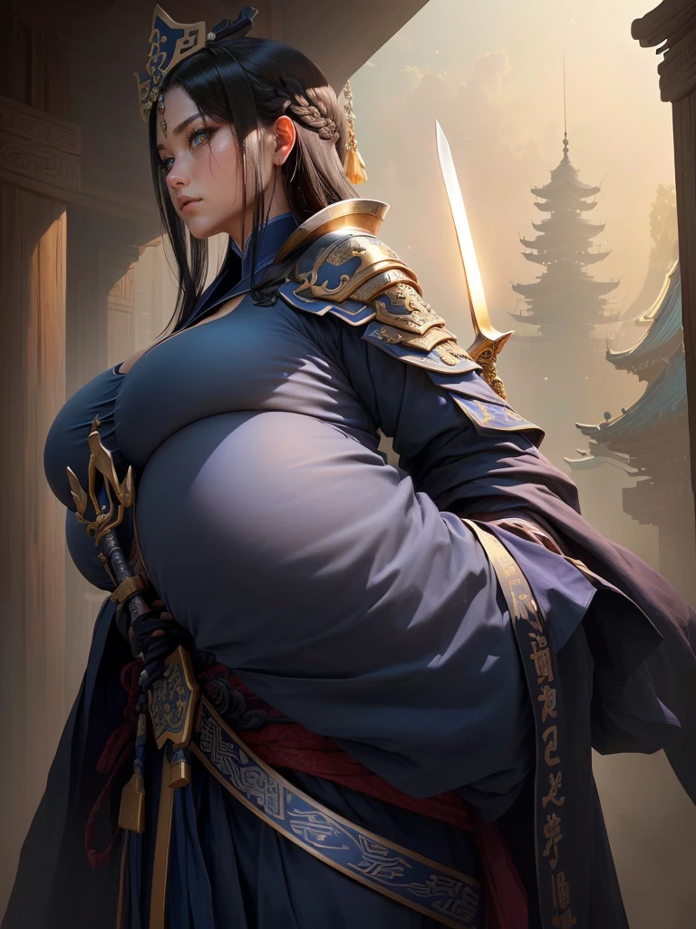 a man in a blue robe holding a knife and a sword, inspired by Cao Zhibai, inspired by Dong Yuan, inspired by Huang Ding, inspired by Hu Zaobin, inspired by Wu Bin, inspired by Xuande Emperor, liang xing, pan ren wei, inspired by Li Kan, inspired by Guan Daosheng, inspired by Wu Zuoren, Highly detailed CG unit 8k wallpaper, masterpiece, High resolution, highest quality, highest quality real texture skin, Super Real, Digital Painting, Best image quality, 最High resolution, 8k, (((Highly detailed eyes and face, Beautiful eyes every detail))), (Saggy breasts, Gravity-dependent breasts, long chest, Heavy chest, ((disproportionate breasts, huge breasts, sagging breasts, gigantic breasts), black hair, profile,