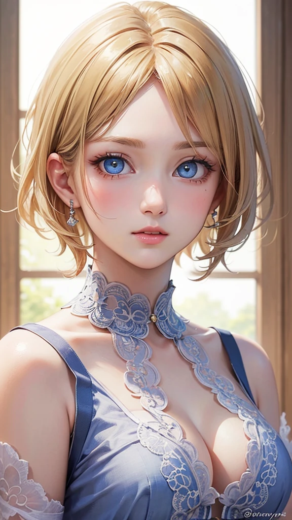 (masterpiece: 1.2, Highest quality), Realistic, (Realistic Picture, Intricate details, Depth of written boundary), Highest quality, masterpiece, Very detailed, Semi Realistic, 1 girl, Mature Woman, 21 years old, Blonde Short Hair, (Very delicate and beautiful face), (Beautiful eyes in every detail), blue eyes, King's Clothes, Red Cape, Slim figure, A crown made of precious gold,