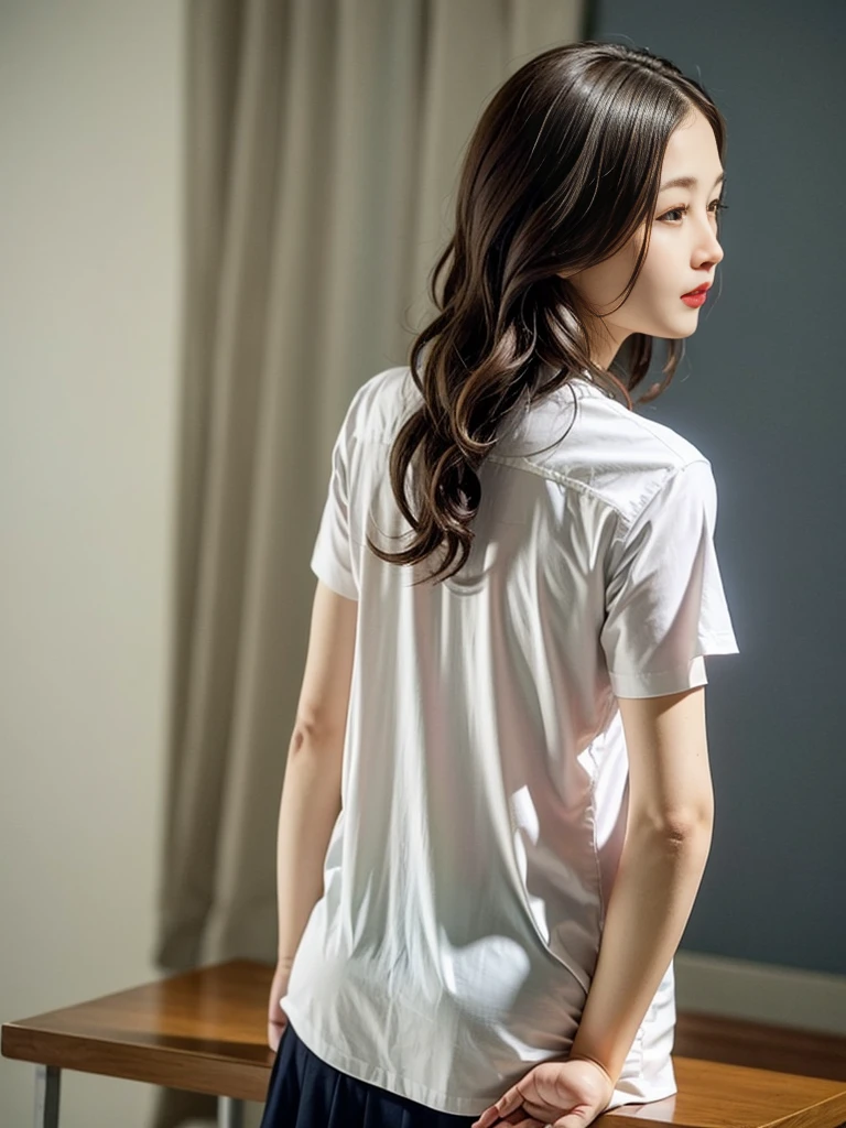 Gray background、pubic hair、Large Breasts、Thighs、Red lipstick、Curly Hair、Disheveled Hair、Cute woman、high school girl、White shirt、Navy blue mile、Open chest shirt、Watching from behind、Butt、One Woman、Gazing at the sea、