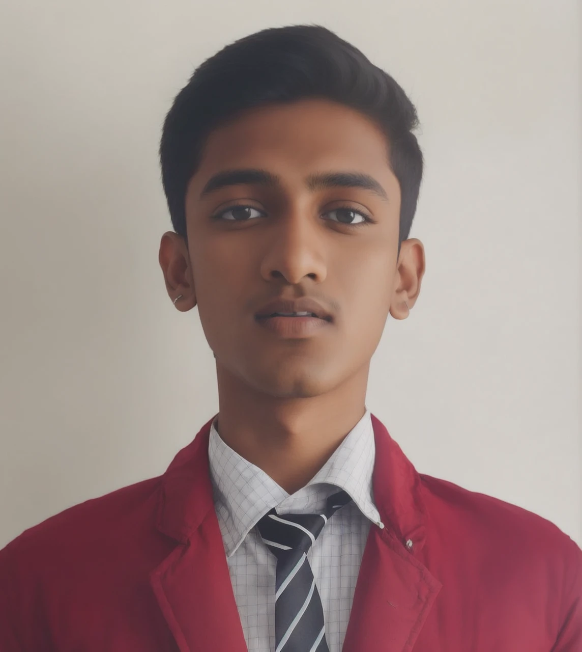 Young Indian boy, dark brown hair with dark green eyes athletic with vampire fangs. Wearing slightly ripped jeans and white shirt with black jacket. Realistic, 4k, better picture, better quality. Background city at night with fog. --auto --s2