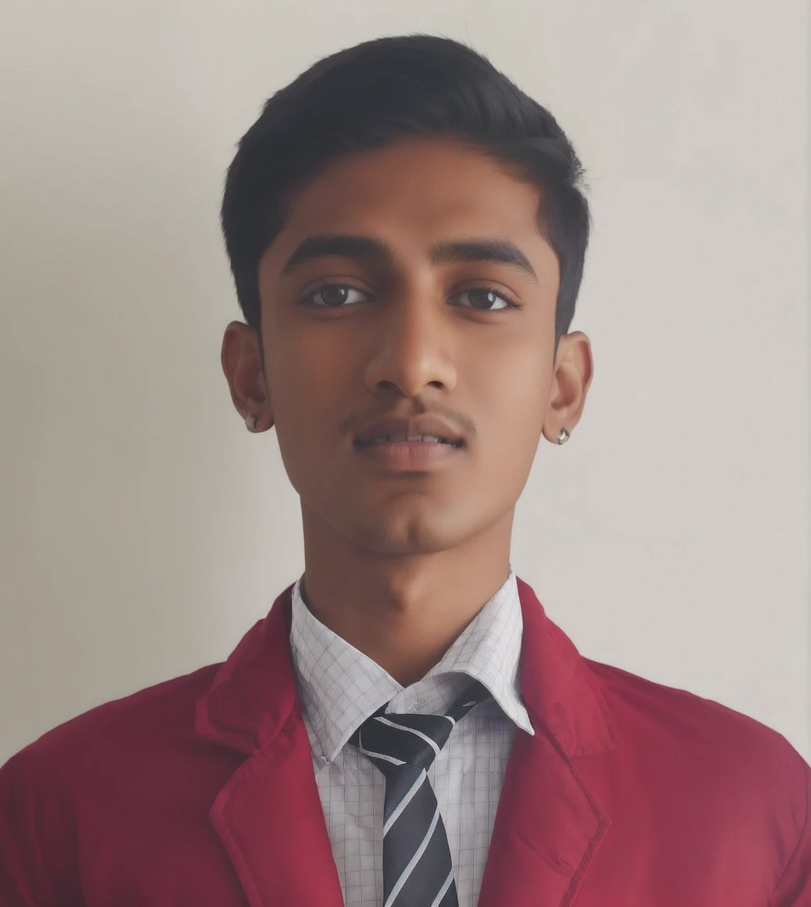 Young Indian boy, dark brown hair with dark green eyes athletic with vampire fangs. Wearing slightly ripped jeans and white shirt with black jacket. Realistic, 4k, better picture, better quality. Background city at night with fog. --auto --s2