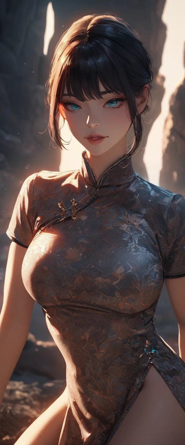 Photo of a woman with natural skin, Upper Body, Seaside cave, The light is shining in, High Twintails, Black hair with red mesh, Sharp eyes with red eyeshadow, Blue-green eyes, Shining eyes, A thin, upturned nose, Well-shaped lips, Big Breasts, ((China dress, Short sleeve)), barefoot, Makeup, Exquisitely crafted with the utmost attention to detail, Vibrant, amazing, Smooth, Cinematic, 4K, Backlight, (()), Shallow depth of field, ((Detailed eyes:1.3, Detailed lips:1.3, high quality, )), masterpiece, Super detailed images, High quality