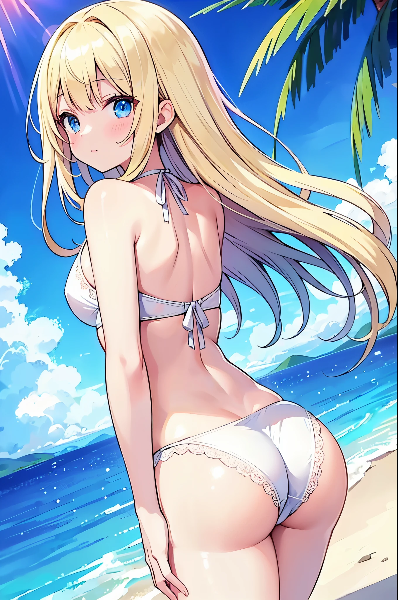 (Highest quality)、((Super detailed))、(Ultra delicate)、Cute girl、Dazzling blonde、Shining blue eyes、Beautiful white lace bikini、Beautiful breasts、Beautiful thighs、Beautiful tropical waterfront、Ass、Beautiful woman looking back