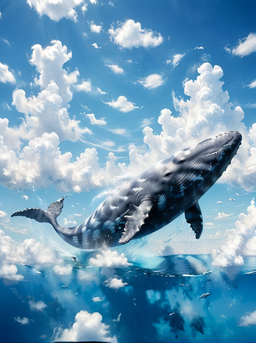 An illustration of a magnificent, large whale swimming amidst the fluffy white clouds in a clear, crystalline blue sky. The whale's skin reflects the sunlight and its enormous size contrasts the seemingly small, soft clouds surrounding it. Wisps of clouds gently move around the whale's body as it gracefully navigates through this unusual, dreamlike scenario.