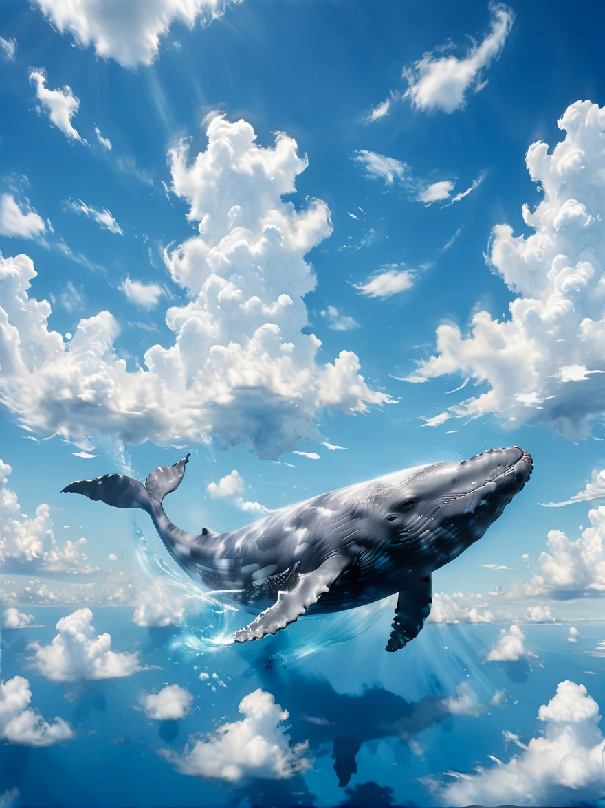 An illustration of a magnificent, large whale swimming amidst the fluffy white clouds in a clear, crystalline blue sky. The whale's skin reflects the sunlight and its enormous size contrasts the seemingly small, soft clouds surrounding it. Wisps of clouds gently move around the whale's body as it gracefully navigates through this unusual, dreamlike scenario.