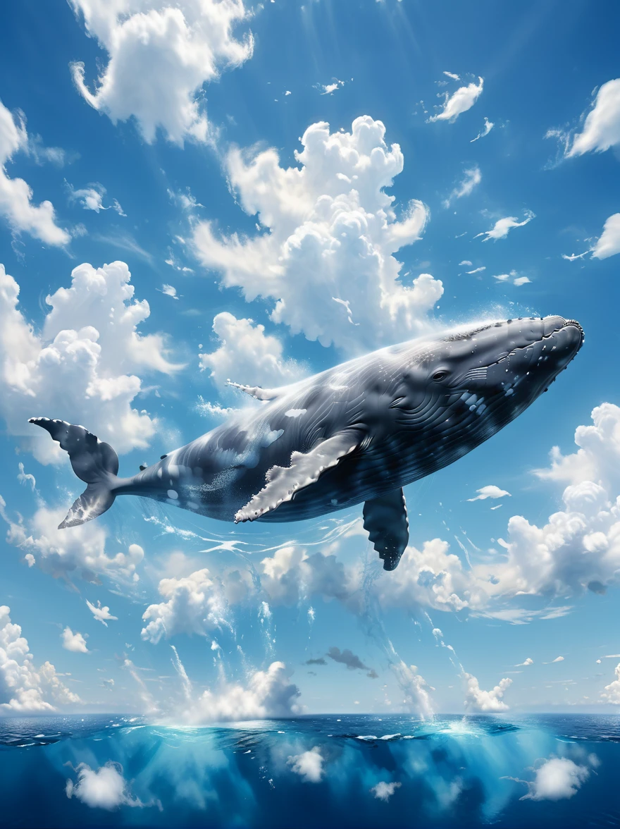 An illustration of a magnificent, large whale swimming amidst the fluffy white clouds in a clear, crystalline blue sky. The whale's skin reflects the sunlight and its enormous size contrasts the seemingly small, soft clouds surrounding it. Wisps of clouds gently move around the whale's body as it gracefully navigates through this unusual, dreamlike scenario.