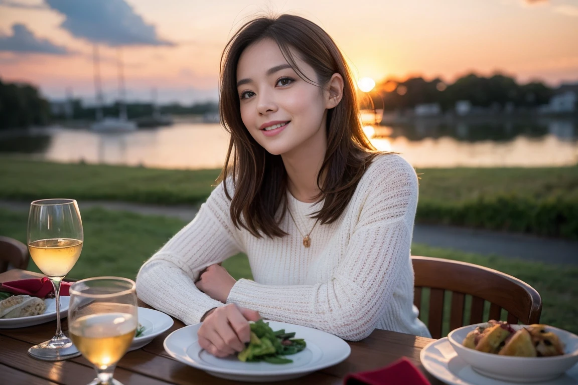 (Realistic:1.2),(masterpiece,Highest quality),8k,((men and women)),40 years old,37 years old、最高のsmile、Happy couple, Full course dinner at the table、wine 、wineグラス、白wine、スパークリングwine、赤wine、Upper Body、Tight waist,Perfect Anatomy, Brown Hair, short hair,Random Hairstyles,Amazing view of the sunset sky and clouds、Long sleeve shirt、dress,((Highly detailed face and eyes:1.2))(Cute Face:1.4),Beautiful actress face,Perfect golden ratio face,woman'suit、Nice,(smile:1.2)、