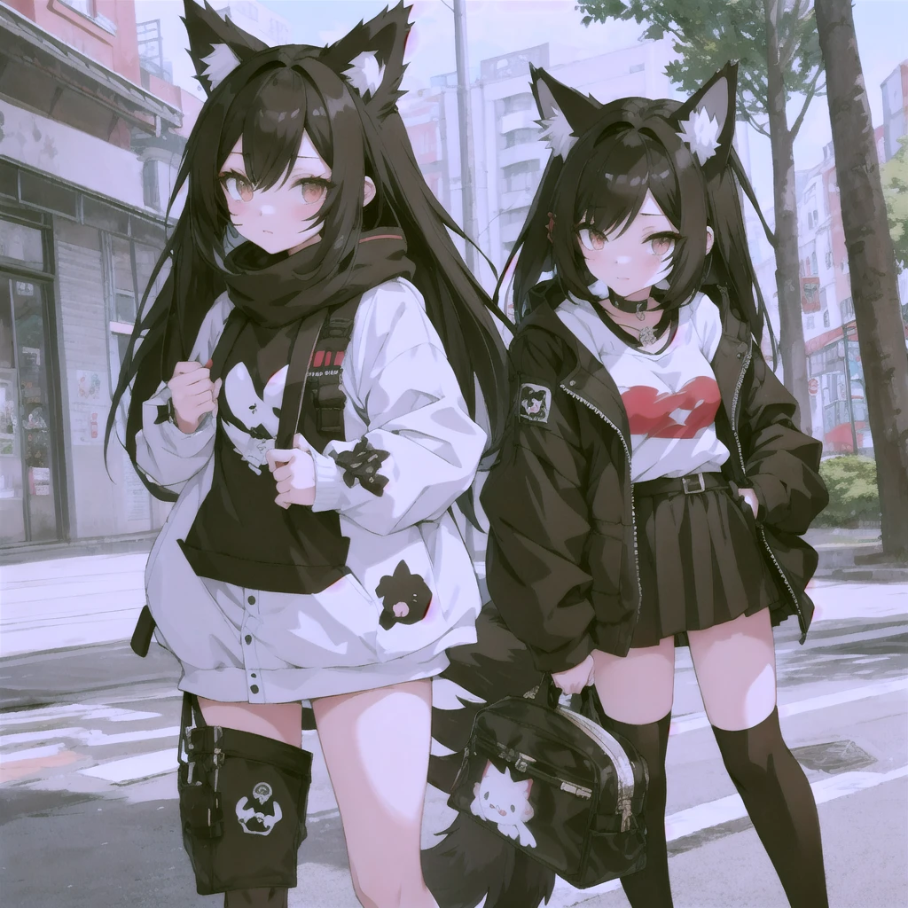 anime girl with black hair and black and white outfit standing in front of a park, female furry mini cute style, fursona!!!!, female fursona, wolf fursona, full body adoptable, fursona wearing stylish clothes, chibi, character adoptable, anime style character, anime catgirl, in anime style, emo boy with cat ears and tail, anime stylized