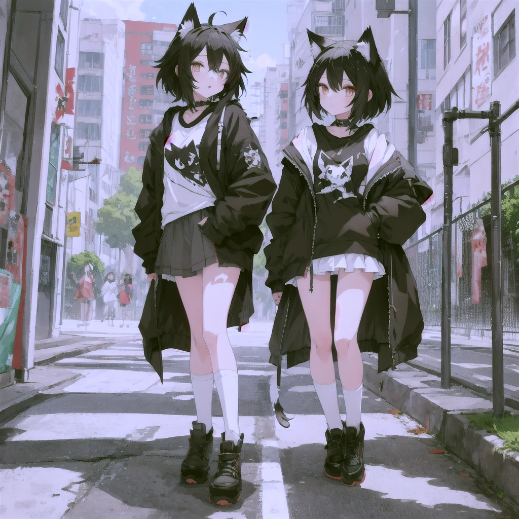 anime girl with black hair and black and white outfit standing in front of a park, female furry mini cute style, fursona!!!!, female fursona, wolf fursona, full body adoptable, fursona wearing stylish clothes, chibi, character adoptable, anime style character, anime catgirl, in anime style, emo boy with cat ears and tail, anime stylized