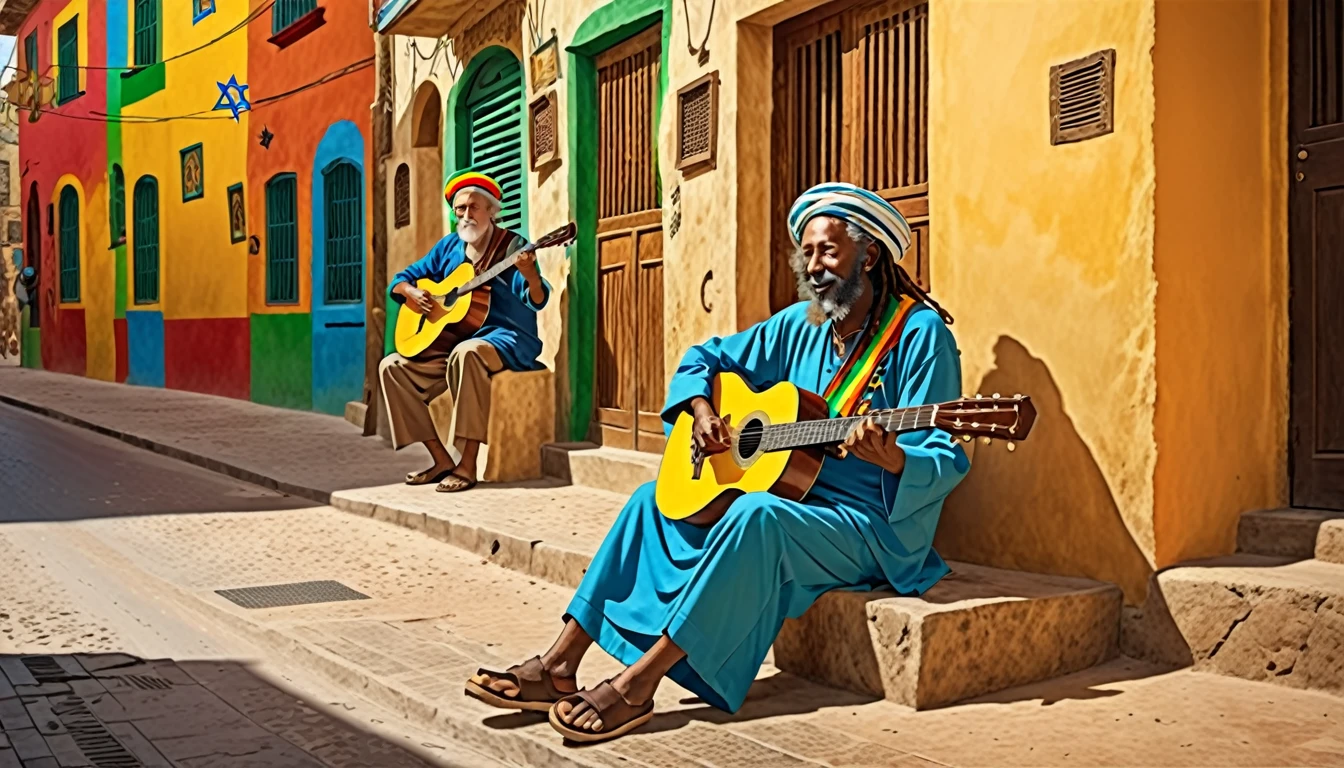 Streetscape,Shield of David,Rastafarian,The entire surface is divided horizontally into three parts with raster colors,sitting old man,Next to him a young man is playing the guitar..